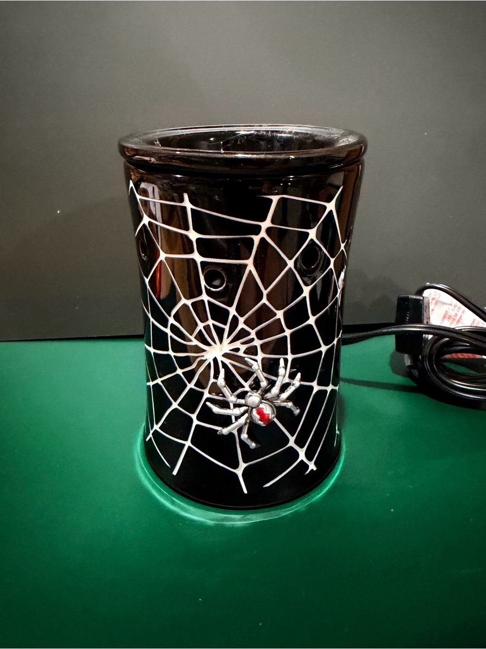 Scentsy Black Ceramic Spider Web Warmer with Silver Spider and Red Accent